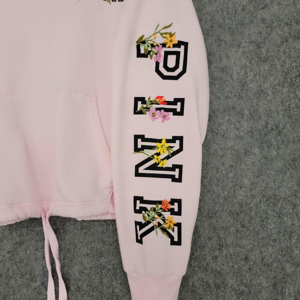 PINK Victorias Secret Hoodie Womens M Pink Floral Logo Embroidered Crop Pullover - Picture 4 of 14